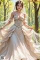 A woman in a wedding dress standing in the woods.